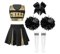 inlzdz Cheer Leader Costume for High School Girls Cheerleading Uniform 5Pcs Outfits A White&Black 9-10 Years