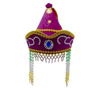 inlzdz Ethnic Mongol Beaded Tassels Hat Embroidered Pointed Hat Festival Costume Accessories Purple One Size