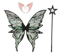 inlzdz Fairy Wings Shiny Sheer Butterfly Elf Wings with Elf Ears Fairy Stick for for Women Girls Dress Up Party Black&Black One Size