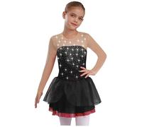 inlzdz Figure Ice Skating Dress for Girls Skater Competition Performance Glittery Mesh Splice Long Sleeves Dress Black 13-14 Years
