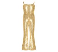 inlzdz Girls 70s 80s Hippie Disco Funky Dance Costume Shiny Sequins Bell Bottom Jumpsuit for Halloween Carnival Gold 7-8 Years