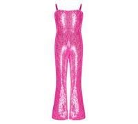 inlzdz Girls 70s 80s Hippie Disco Funky Dance Costume Shiny Sequins Bell Bottom Jumpsuit for Halloween Carnival Hot Pink 9-10 Years