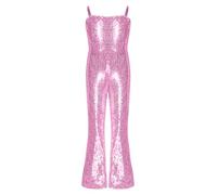 inlzdz Girls 70s 80s Hippie Disco Funky Dance Costume Shiny Sequins Bell Bottom Jumpsuit for Halloween Carnival Pink 9-10 Years