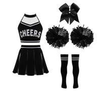 inlzdz Girls Cheerleading Dance Dress Schoolgirl Cheer Leader Uniform 5Pcs Complete Outfits for Cosplay Party Costume A Black&White 15-16 Years
