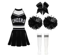 inlzdz Girls Cheerleading Dance Dress Schoolgirl Cheer Leader Uniform 5Pcs Complete Outfits for Cosplay Party Costume A White&Black 7-8 Years