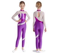 inlzdz Girls Gymnastics Figure Skating Dance Full Bodysuit Metallic Contrast Color Mesh Patchwork Leotard Jumpsuit Purple 9-10 Years