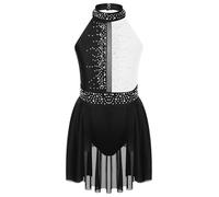 inlzdz Girls Kids Lyrical Dance Dress for Latin Jazz Ballet Dance Gymnastics Leotard Dress Performance Costume Black&White 7-8 Years
