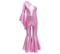 inlzdz Girls One Piece Dance Jumpsuit Metallic One Shoulder Flare Sleeve Bell-bottom Full Body Unitard Gymnastics Leotard Pink 9-10 Years