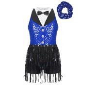 inlzdz Girls Sequined Tango Latin Dance Tuxedo Tassel Leotard Dress Samba Rumba Jazz Dance Performance Costume Hair Tie Blue 13-14 Years