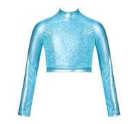 inlzdz Girls Shiny Metallic Long Sleeve Turtle Mock High Neck Crop Top Ballet Dance wear Sports Top T Shirts Metallic Turquoise 5-6 Years