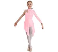 inlzdz Girls Single Long Sleeve Lace Patchwork Lyrical Dance Dress Ballroom Modern Contemporary Dance Costume Pink 11-12 Years