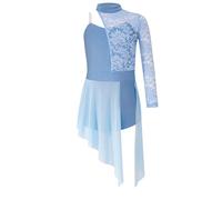 inlzdz Girls Single Long Sleeve Lace Patchwork Lyrical Dance Dress Ballroom Modern Contemporary Dance Costume Light Blue 7-8 Years
