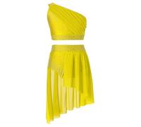 inlzdz Girls Two-Piece Ballet Dance Gymnastics Outfits One Shoulder Crop Tops with Skirt Jazz Lyrical Dancewear Costumes One Shoulder Yellow 5-6 Years
