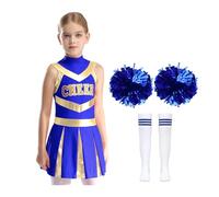 inlzdz High School Girl Cheerleading Uniform Outfit Sleeveless Cheer Dance Dress with Flower Balls Socks Set A Blue 11-12 Years