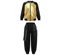 inlzdz Kids Boys Girls Jazz Hip Hop Dance Costume Shiny Metallic Long Sleeves Bomber Jacket and Sweatpants Set Gold&Black 13-14 Years