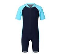 inlzdz Kids Child Boys Zip One Piece Short Sleeve Rash Guard Swimsuit Vest Anti-UV All in One Sun Protection Wetsuit Navy Blue&Sky Blue 15-16 Years