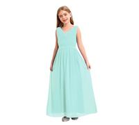 inlzdz Kids Flower Girls Dress for Wedding Bridesmaid Chiffon Long Dresses Beaded V Neck Princess Prom Gown Mint Green 15-16 Years