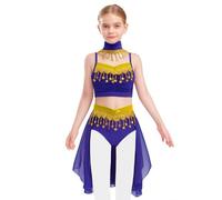 inlzdz Kids Girls 3-Pieces Belly Dance Outfits Halloween Arabian Princess Cosplay Fancy Dress Up Blue 7-8 Years