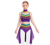 inlzdz Kids Girls 3-Pieces Belly Dance Outfits Halloween Arabian Princess Cosplay Fancy Dress Up Purple 15-16 Years