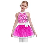 inlzdz Kids Girls Ballet Dance Dress Jazz Latin Ballroom Dancing Costume Ballerina Sequins Tutu Skirt Leotards Hot Pink 9-10 Years