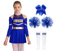 inlzdz Kids Girls Cheer Leader Cheerleading Uniform Long Sleeve Dress And Pom Poms Stocking Hair Tie Set B Blue 11-12 Years
