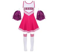 inlzdz Kids Girls Cheer Leader Uniform Cheerleading Dress with Pompoms Socks Cheerleading Costume Dress up Hot Pink 9-10 Years