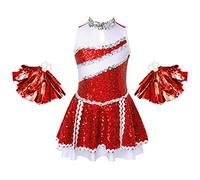 inlzdz Kids Girls Cheerleading Costume Sleeveless Sequins Sports Cheer Leader Dress with 1 Pair Tassel Flower Balls Flower Balls Red 9-10 Years