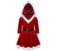 inlzdz Kids Girls Christmas Mrs. Claus Dress Holiday Party Elf Costume Velvet Long Sleeve Clown Collar Pom Pom Trim Dance Dress Red S 11-12 Years