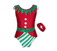 inlzdz Kids Girls Christmas Santa Claus Elf Leotard Xmas Ballet Dance Ice Skating Performance Costume Red 7-8 Years