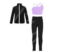 inlzdz Kids Girls Figure Ice Skating Tracksuit Long Sleeve Jacket with Crop Top and Practice Leggings 3-Piece Set Purple 5-6 Years