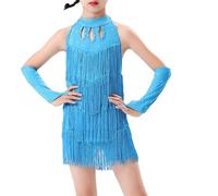 inlzdz Kids Girls Fringe Tassel Latin Salsa Halter Backless Dance Dress with Gloves Samba Rumba Performance Costume Sky Blue 13-14 Years