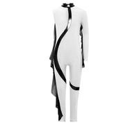 inlzdz Kids Girls Gymnastics Dance Bodysuit Mesh Ruffle Full Body Unitard Asymmetrical Long Sleeve Figure Skating Jumpsuit White 13-14 Years