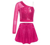 inlzdz Kids Girls Jazz Latin Cheer Dance Costume Sequins One Shoulder Crop Top with Mini Skirt Hot Pink 7-8 Years