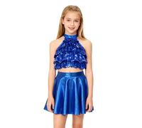 inlzdz Kids Girls Jazz Latin Dance Dress Halter Tiered Sequins Crop Top with Skirt Samba Tango Dance Performance Costume Royal Blue 7-8 Years