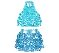 inlzdz Kids Girls Jazz Latin Dance Sequins Halter Tiered Crop Top with Skirt Samba Tango Dance Performance Costume 2PCS Blue 7-8 Years