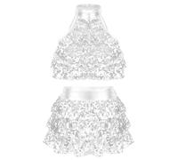 inlzdz Kids Girls Jazz Latin Dance Sequins Halter Tiered Crop Top with Skirt Samba Tango Dance Performance Costume 2PCS Silver 9-10 Years