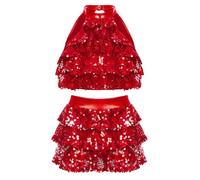 inlzdz Kids Girls Jazz Latin Dance Sequins Halter Tiered Crop Top with Skirt Samba Tango Dance Performance Costume 2PCS Red 5-6 Years