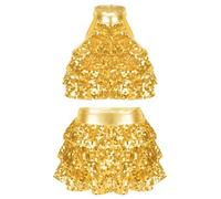 inlzdz Kids Girls Jazz Latin Dance Sequins Halter Tiered Crop Top with Skirt Samba Tango Dance Performance Costume 2PCS Gold 11-12 Years