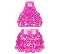 inlzdz Kids Girls Jazz Latin Dance Sequins Halter Tiered Crop Top with Skirt Samba Tango Dance Performance Costume 2PCS Hot Pink 5-6 Years