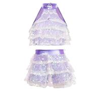 inlzdz Kids Girls Jazz Latin Dance Sequins Halter Tiered Crop Top with Skirt Samba Tango Dance Performance Costume 2PCS Pink 9-10 Years