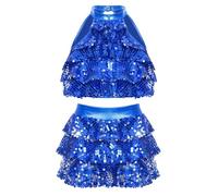 inlzdz Kids Girls Jazz Latin Dance Sequins Halter Tiered Crop Top with Skirt Samba Tango Dance Performance Costume 2PCS Royal Blue 15-16 Years