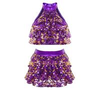 inlzdz Kids Girls Jazz Latin Dance Sequins Halter Tiered Crop Top with Skirt Samba Tango Dance Performance Costume 2PCS Purple 11-12 Years