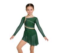 inlzdz Kids Girls Long Sleeve Mesh Rhinestones Cutout Back Figure Ice Skating Dress Leotard Ballet Dance Costume Green 11-12 Years