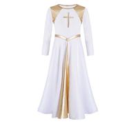 inlzdz Kids Girls Metallic Long Sleeve Church Worship Praise Robe Dress Liturgical Lyrical Dance Long Dress Cross White 11-12 Years