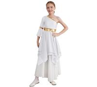inlzdz Kids Girls One Shoulder Praise Lyrical Dance Dress Metallic Color Block Liturgical Worship Costume Tunic Dancewear White 15-16 Years