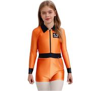 inlzdz Kids Girls Prisoner Jumpsuit Striped Inmate Uniform No Convict Costume For Themed Party Orange 7-8 Years