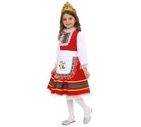 inlzdz Kids Girls Russian Traditional Dance Dress Ethnic Exquisite Stage Performance Outfit Red White 8-9 Years