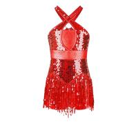 inlzdz Kids Girls Sequined Tango Latin Dance Tassel Dress Professional Competition Ballroom Samba Rumba Jazz Dance Costume Cross Red 5-6 Years