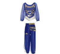 inlzdz Kids Girls Sequins India Belly Dance Costume Princess Dress up Outfit Halter Top with Harem Pants Hip Scarf 3pcs Set 3pcs Royal Blue 9-12 Years