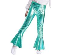 inlzdz Kids Girls Shiny Metallic Bell Flared Dance Trousers Leggings Mermaid Dance Long Pants Costume Lake Green 13-14 Years